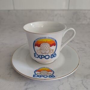 Expo 86 White and Blue Teacup and Saucer Set